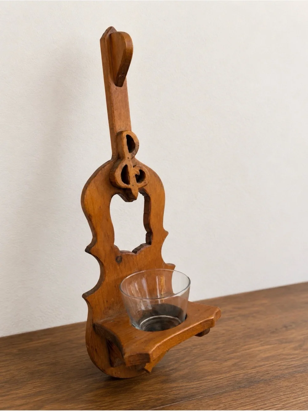 Vintage Wooden Wall Candle Sconce w/ Glass Votive Holder | 25” Hand-Carved